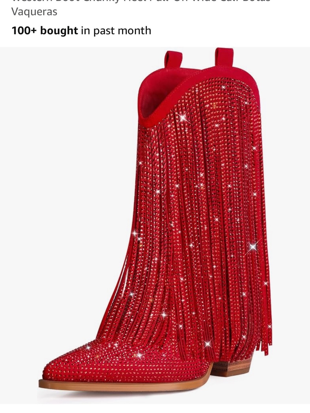Amazon Red Rhinestone Fringe Heeled Western Boots